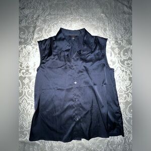 Banana Republic Navy Satin Button Down Sleevless Shirt